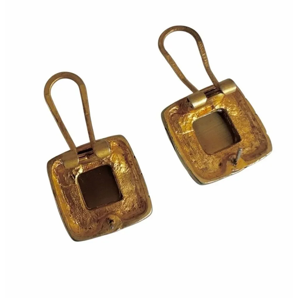 Gold Tone Square Earrings with Cat’s Eye Style Glass
